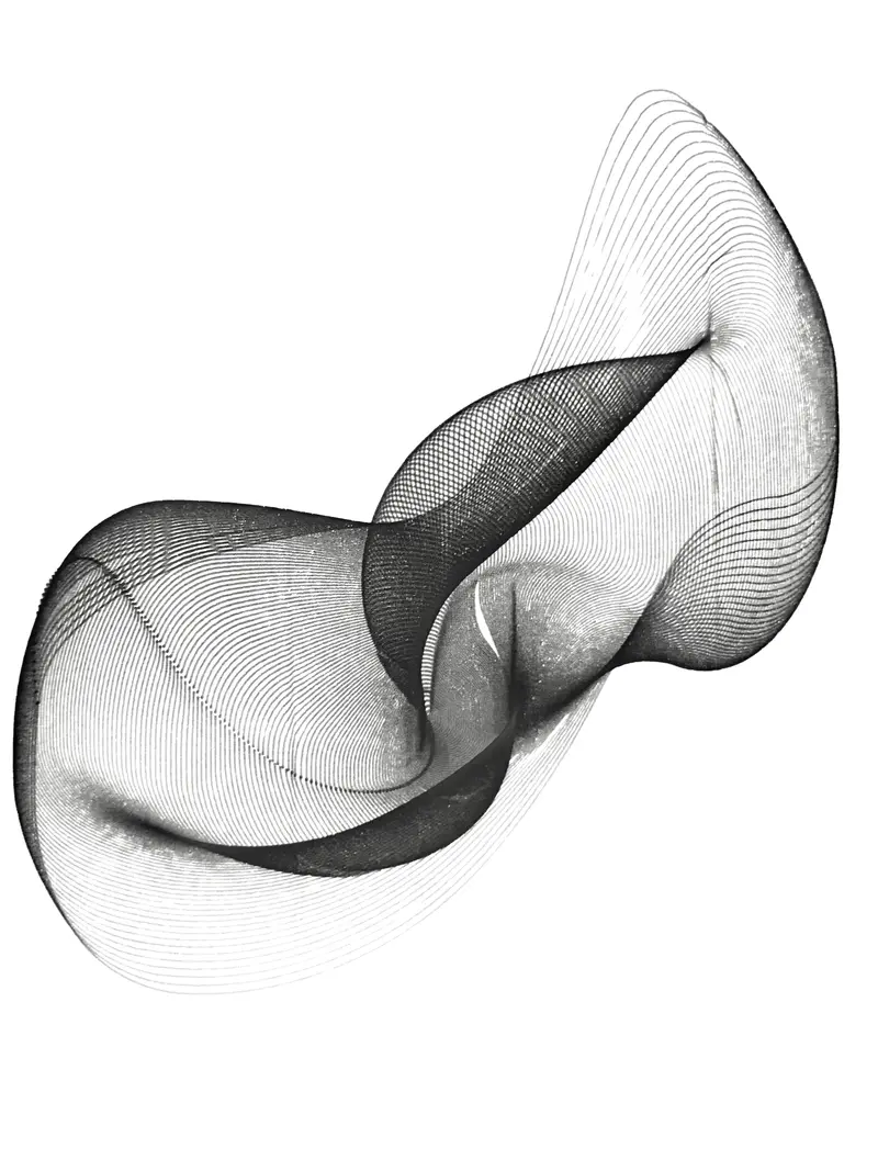 Scanned plotter drawing of an abstract flowy shape.