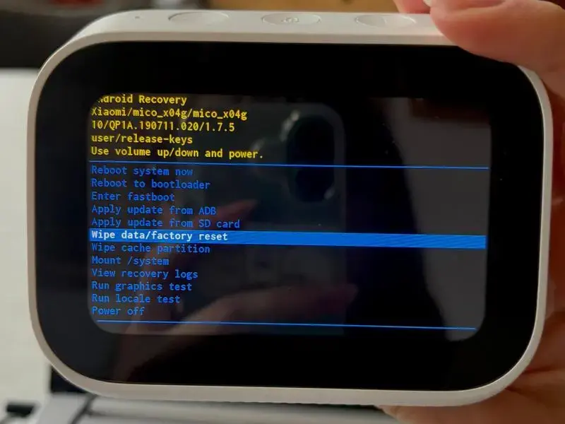 Photo of the Xiaomi Smart Clock displaying the recovery menu with the Wipe data/factory reset option highlighted